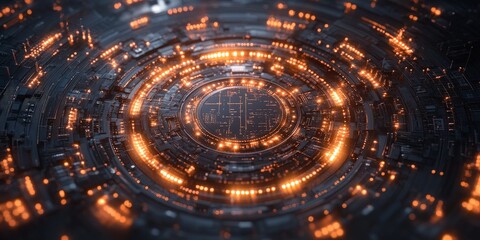 Obraz premium A circular circuit board with glowing connectors, representing technology and connectivity. Ideal for tech, electronics, and digital-themed visuals.