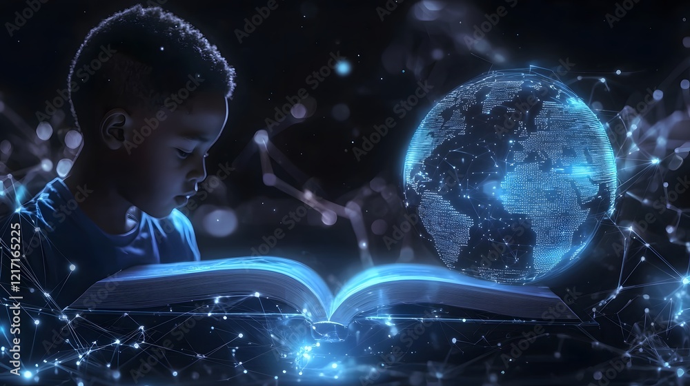 Poster Futuristic high tech educational setting emphasizing digital literacy with students engaging in online learning coding and utilizing smart technology to foster academic growth knowledge and discovery