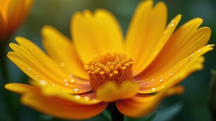 Closeup of orange marigold flower with dew drops	