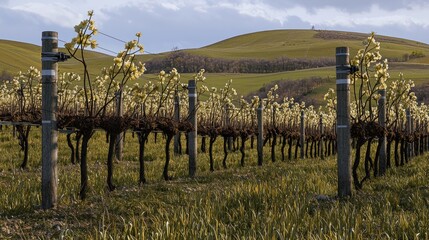 Vineyard spring blossoms, rolling hills, sunset, agriculture