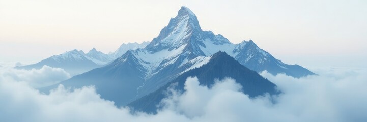 Obraz premium A towering mountain peak rises above the clouds shrouded in mist, whiteout, foggy