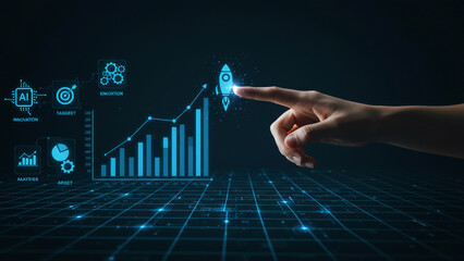 A futuristic digital analytics concept featuring a hand interacting with a virtual graph, surrounded by icons, on a dark background. Modern and sleek for technology-related themes.