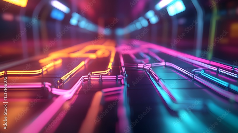 Poster futuristic metro system map with glowing pathways and 3d