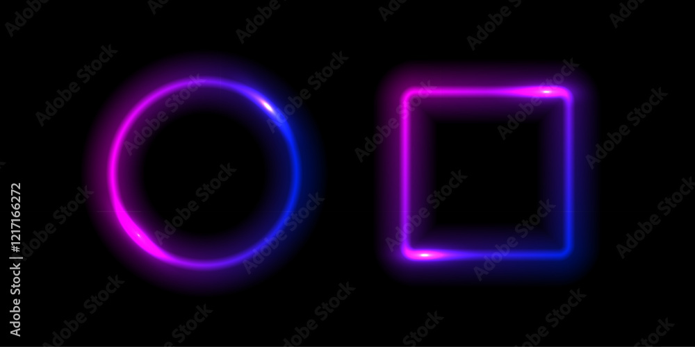 Poster neon glow round and square light frames. abstract light background. colored laser bright round and s
