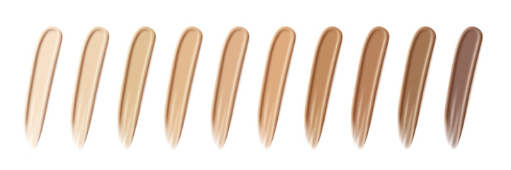 Makeup foundation swatches. Smears of liquid concealer. Beige textured creams. Face cosmetic product. Beauty industry. Realistic vector Illustration set.