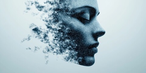 Abstract digital art of woman face disintegrating in blue geometric pattern