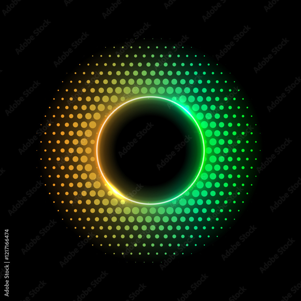 Poster color dotted round pattern. neon yellow green frame with halftone effect. abstract shining backgroun