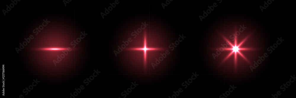 Aufkleber sparkle lights with flare effect. red glared glow stars of different shapes on black background. fla