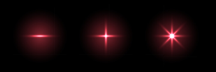 Obraz premium Sparkle lights with flare effect. Red glared glow stars of different shapes on black background. Flash of light with ray beams in space. Abstract futuristic vector illustration set.
