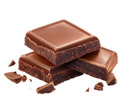 Delicious dark chocolate squares stacked on transparency background, showcasing rich texture and glossy surface, perfect for dessert lovers