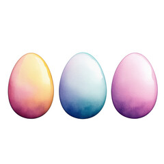 Three pastel-colored eggs in soft hues of orange, blue, and pink, arranged in a row.