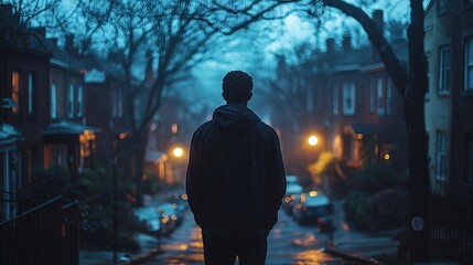 Moment of reflection for an ex offender standing in a traditional neighborhood contemplating his future