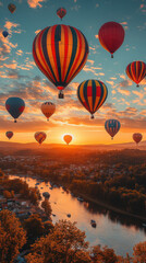 Obraz premium vibrant hot air balloon festival at sunrise over scenic river, with colorful balloons filling sky and reflecting on water, creating magical atmosphere