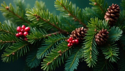 Fototapeta premium Evergreen branches intertwined with pinecones and holly-like foliage, evergreen, holiday