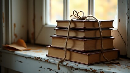 A stack of aged books tied together with twine, placed on a rustic windowsill