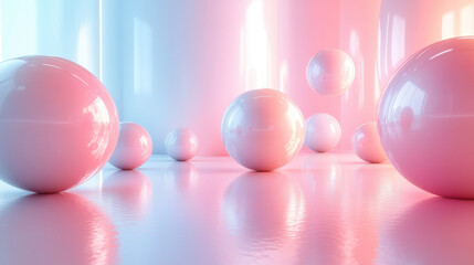 Floating spheres in soft gradient space with reflections and shadows create serene atmosphere. pastel colors enhance calming effect of scene