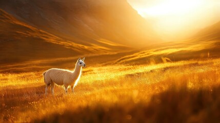 Naklejka premium Serene Alpaca in Golden Sunlight Landscape