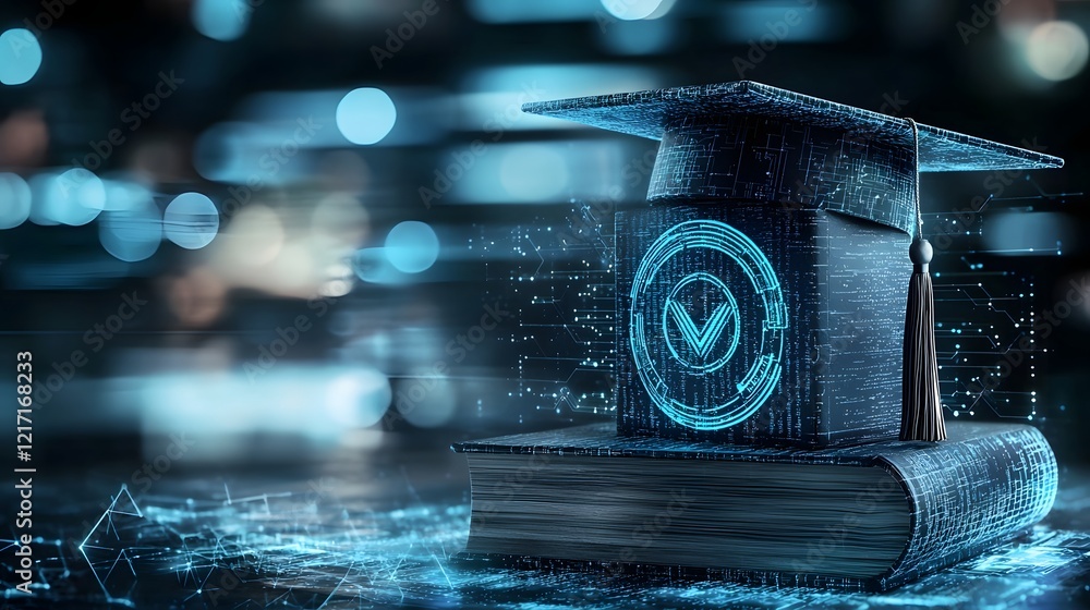 Poster digital age graduation 3d of a graduation cap placed atop a book symbolizing education knowledge and