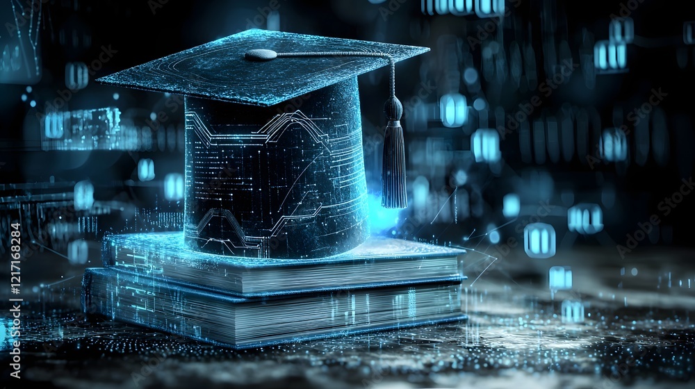 Poster 3D of a graduation cap placed on top of a book symbolizing education and knowledge in the digital age with glowing technology inspired elements in a futuristic background