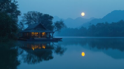 Fototapeta premium Moonlit lake house, tranquil scene, misty mountains, night reflection, serene escape