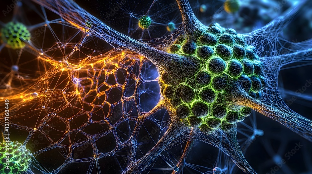 Poster mesmerizing microscopic bioluminescent organic network with vibrant green cellular formations in a s
