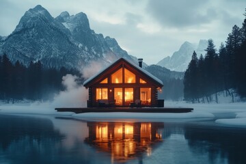 Fototapeta premium A small cabin in the woods surrounded by snow, with warm light glowing from the windows and smoke curling from the chimney