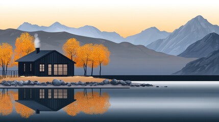 Fototapeta premium Cozy cabin lake autumn mountains sunset reflection postcard