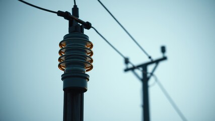 Close-up of illuminated electrical insulator on a power line against a pale sky