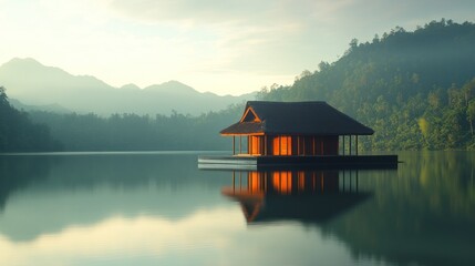 Fototapeta premium Sunrise lake house, tranquil mountains, reflection, peaceful getaway