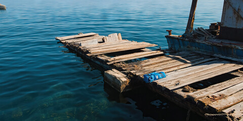 Dilapidated Wooden Dock and Blue Boat in Water