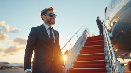 Successful Businessmen Executive Exiting Private Jet onto Red Carpet in Sharp Suit under Clear Blue Sky