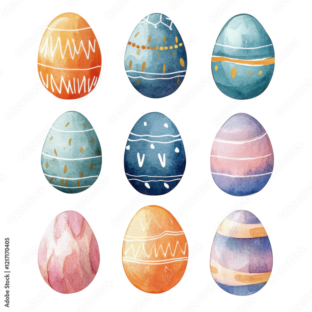 Poster a collection of decorative easter eggs featuring various colors and unique patterns.