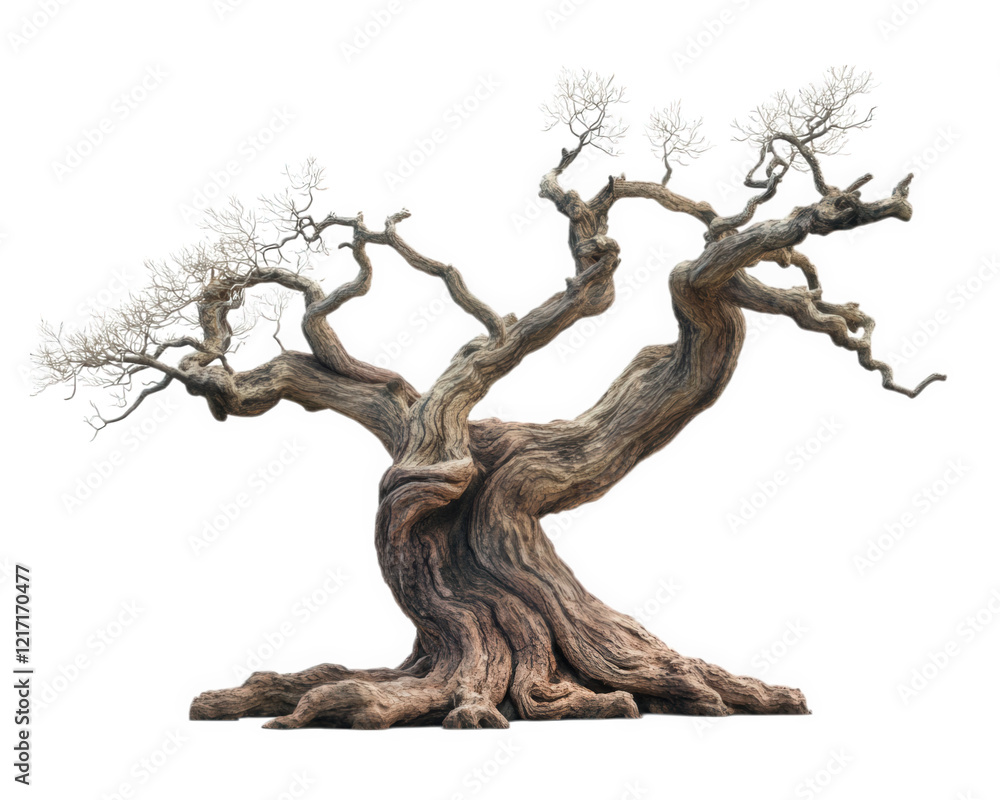 Poster ancient twisted tree with gnarled branches and sparse leaves, showcasing intricate bark texture and 