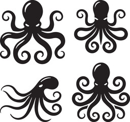 Silhouette vector illustration of a flat octopus art.  octopus set in black color with a white background