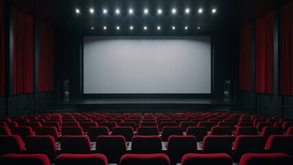 Obraz premium An eye-catching banner for 'World Cinema Day' featuring a theater scene with luxurious red curtains and a striking center screen, invites everyone to join in the celebration of the art of film.