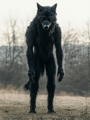 Bipedal Werewolf Creature with Black Fur Standing Outdoors in Winter