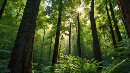 Fototapeta premium celebrates the essence of International Day of Forests with towering trees, soft sunlight pouring in and vibrant green forest scenes, captured in a minimalist and detailed macro style.