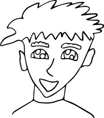 face of a laughing young man with disheveled hair and big eyes looking at the camera