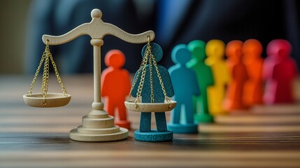 A scale balancing diverse human figures, representing equality and justice in policy decisions, vibrant colors symbolizing fairness, justice, equality, policy, concept of balance