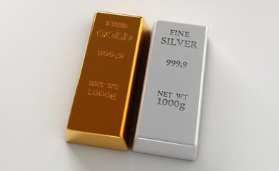 Gold bar and siver bar isolated on a white background. 
