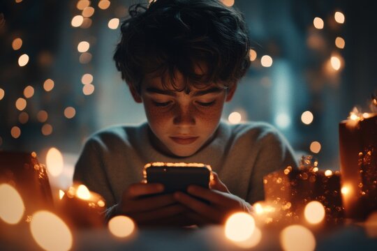 A teenager sitting in their bedroom, surrounded by unwrapped gifts, staring indifferently at their phone while ignoring the presents