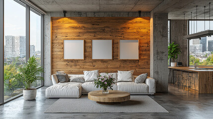 Industrial Chic Living Room:  A modern living room features a sleek white sectional sofa, a rustic wooden coffee table, and three empty canvas prints against a reclaimed wood accent wall.