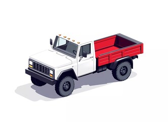 Fototapeta premium Isometric vector illustration of a white and red truck, flat design, simple shapes, 2D, white background, no shadows, minimalistic.