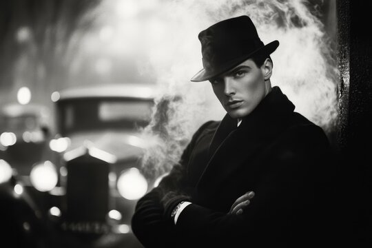 A vintage-style poster of a man leaning against a wall with his arms crossed and a cigarette dangling from his lips, staring indifferently into the distance while retro cars pass by