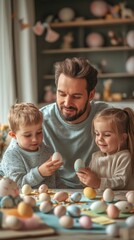 Obraz premium Fun Easter Egg Decorating Session with Father and Two Children Among Spring Decorations and Pastel-Colored Supplies