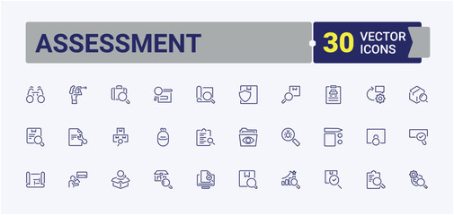 Assessment linear icon collection. Includes icons for audit, approve, checklist, Inspection, evaluation, mark, inspector, labor. Outline symbol collection. Vector icons editable stroke.