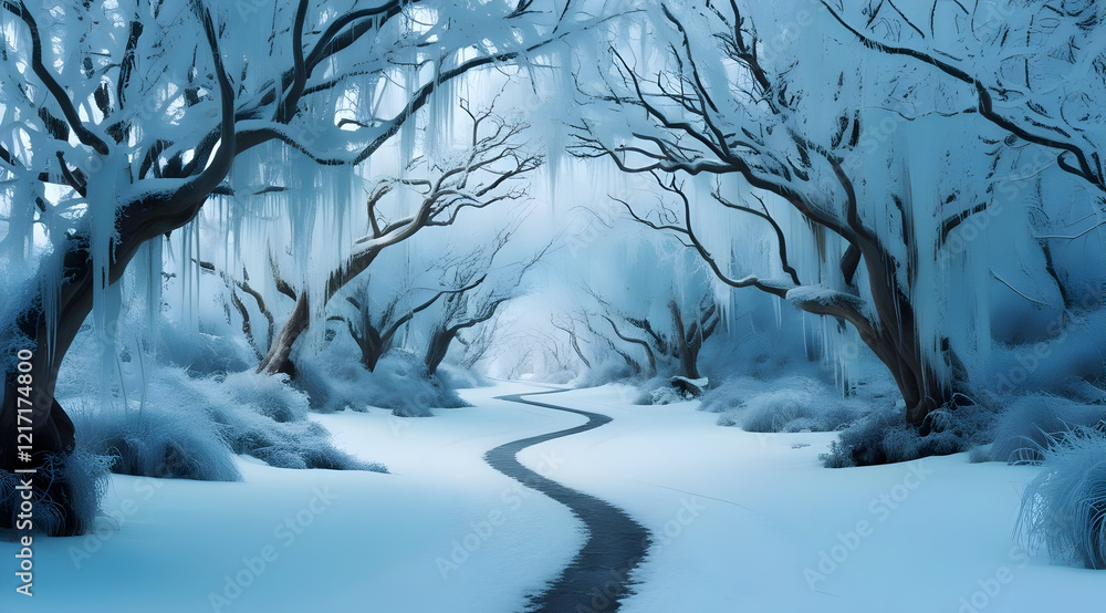 Poster a serene winter landscape featuring a winding path surrounded by snow-covered trees, creating a tran