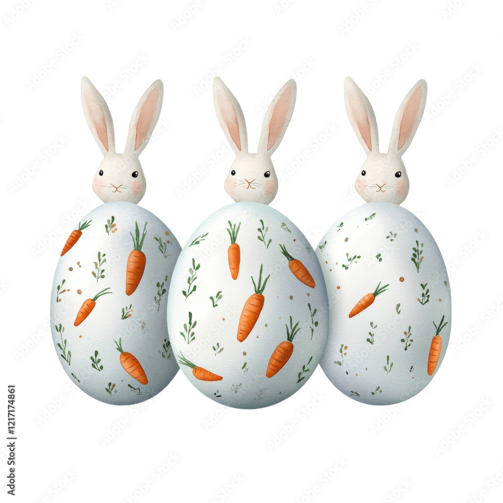 Poster three whimsical bunny-shaped eggs adorned with carrot patterns create a playful and festive design, 