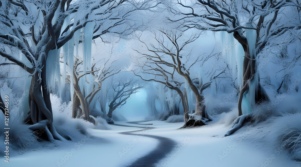 Poster a serene winter landscape featuring a snowy path winding through bare trees, creating a tranquil and