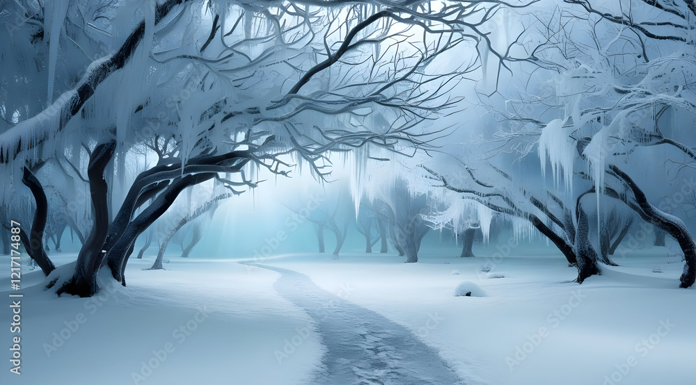 Poster A tranquil winter scene featuring snow-covered trees and a winding path, illuminated by soft light, creating a serene and chilly atmosphere.
